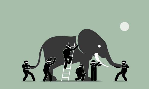 ilustraciones, imágenes clip art, dibujos animados e iconos de stock de ciegos tocar un elefante. - venda de ojos