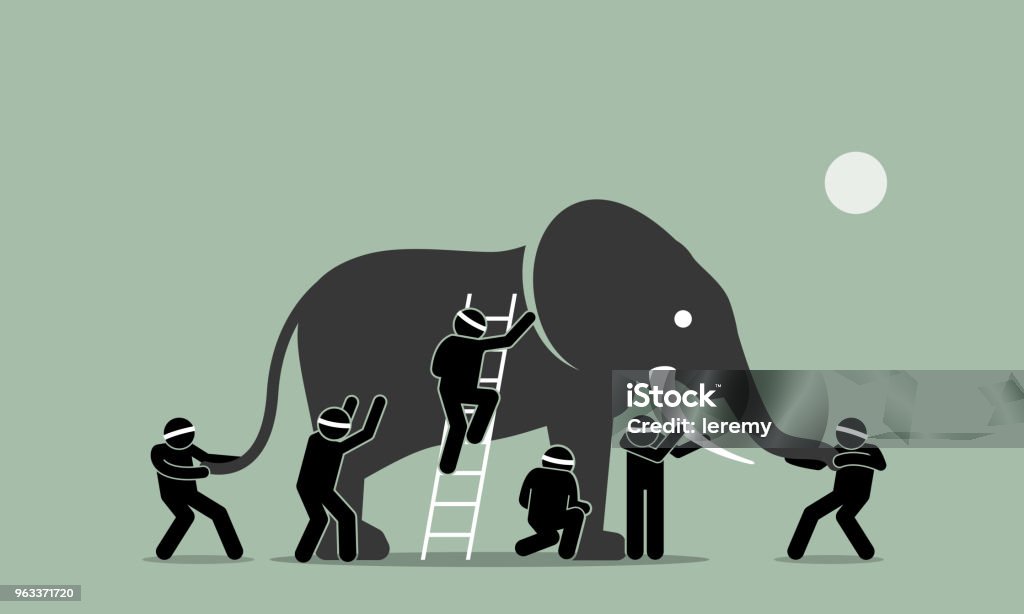 Blind men touching an elephant. Vector artwork illustration depicts the concept of perception, ideas, viewpoint, impression, and opinions of different people in different standpoints. Elephant stock vector