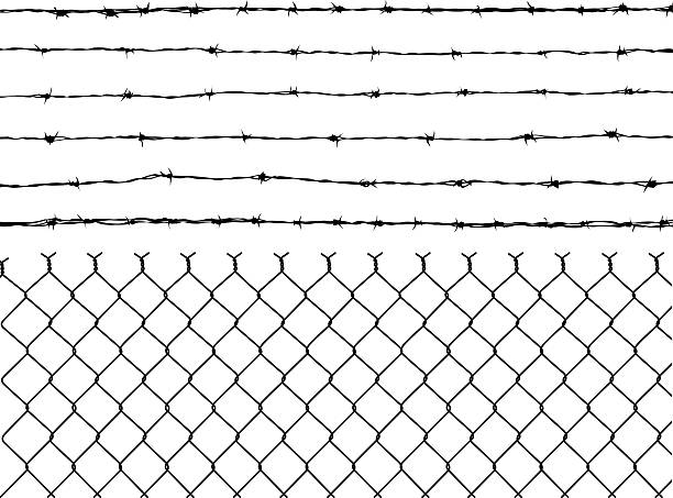 illustrazioni stock, clip art, cartoni animati e icone di tendenza di filo spinato e parete - barbed wire