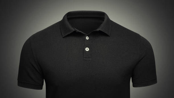 Template black Polo shirt concept closeup front view. Polo T-shirt mockup with empty space on collar for your brand