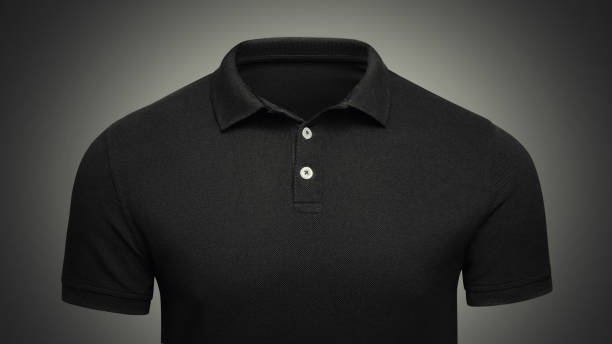 Template black Polo shirt concept closeup front view. Polo T-shirt mockup with empty space on collar for your brand stock photo