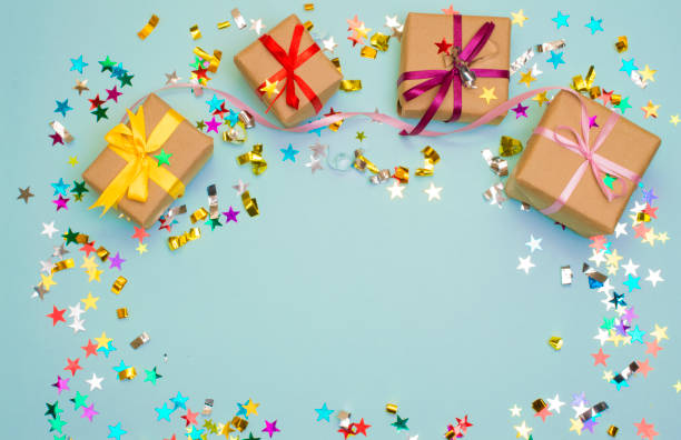 istock Happy birthday and gift box on color background 963390068