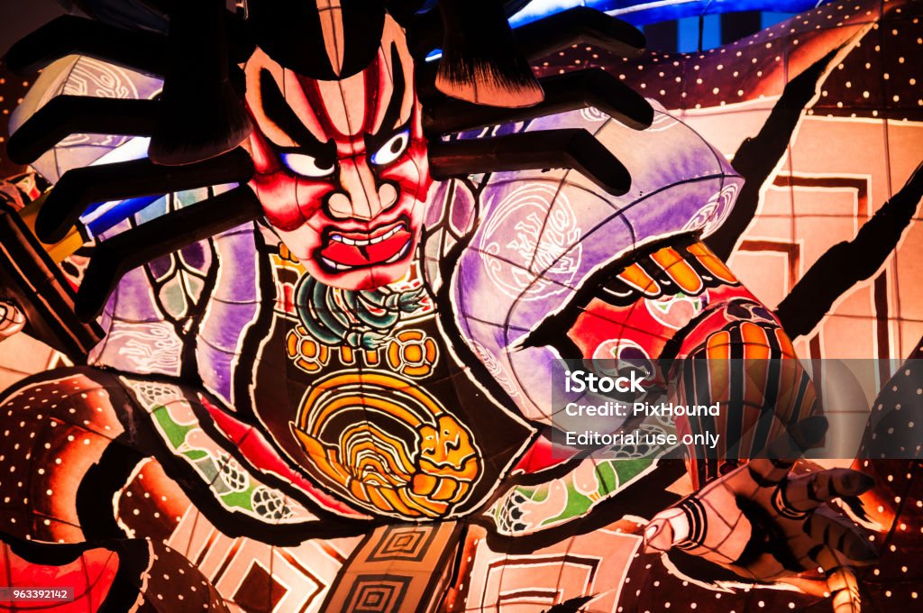 Giant illuminated lantern Nebuta lantern float of Nebuta Matsuri in Nebuta Warasse, Aomori, Japan Giant illuminated lantern Nebuta lantern float in Nebuta Warasse, Aomori, Japan Aomori Prefecture Stock Photo