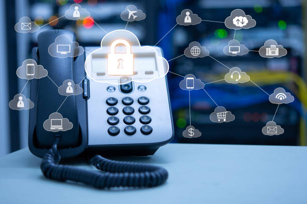 IP Telephony cloud services concept, ip phone device on blurred data center and connection of cloud services icon stock photo
