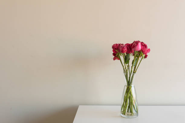 istock Variegated red roses in glass vase on white shelf 963392594
