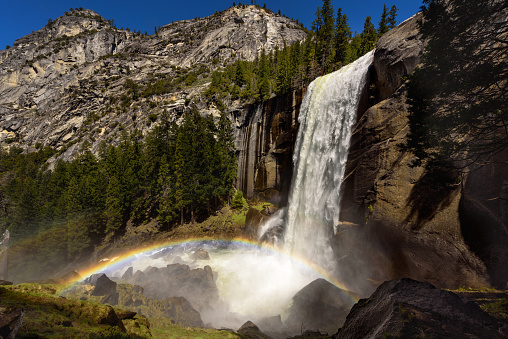 Panoramic view of Vernal Falls with double rainbow in early summer, Yosemite National Park, California
