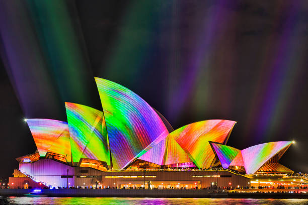 Sydney, Australia - June 6, 2025: Colorful projection on Sydney Opera House during Vivid Sydney.