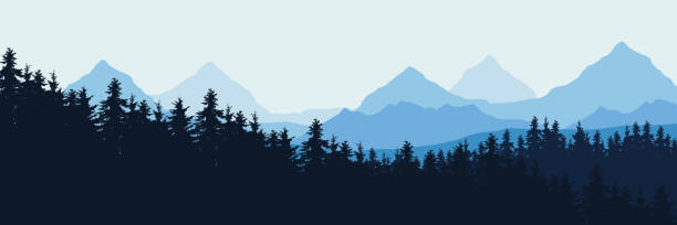 широкоэкранный вектор реалистичной иллюстрации горного пейзажа с лесом, под голубым небом с облаками - horizon over land tree sunset hill stock illustrations