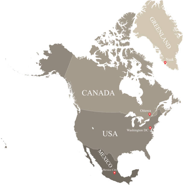 illustrations, cliparts, dessins animés et icônes de amérique du nord carte vectorielle contour avec frontières des pays et des endroits capital au fond gris. carte précise très détaillée des pays nord-américains, notamment les usa, canada et mexique - outline mexico flat world map