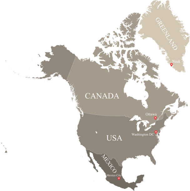ilustrações, clipart, desenhos animados e ícones de contorno vetor mapa américa do norte, com as fronteiras de países e capitais locais em fundo cinza. altamente detalhado mapa preciso dos países norte-americanos, incluindo eua, canadá e méxico - outline mexico flat world map
