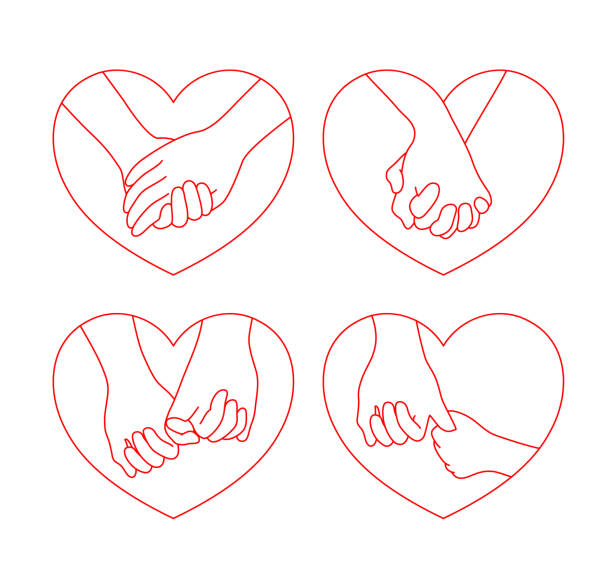 Holding hands on heart shape. icon design set in outline style. concept of supporting, you and me together. Vector illustration. children holding hands icon stock illustrations