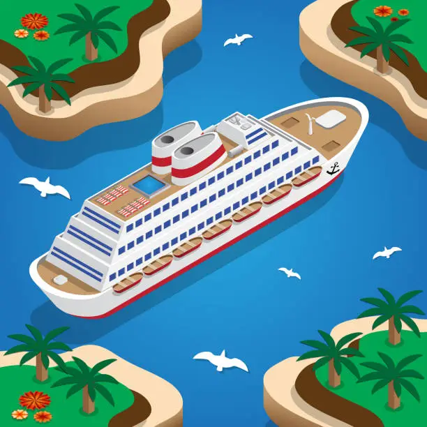 Vector illustration of Cruise liner in the lagoon.