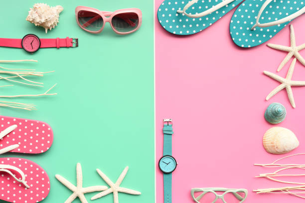 istock Modern fashionable sunglasses and sandals with starfish 963424034