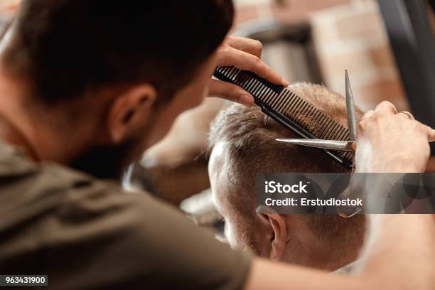 Barber And Bearded Man In Barber Shop Stock Photo - Download Image Now - Hairdresser, Hairstyle, Cutting Hair