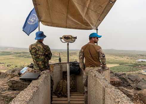 Golan Heights, Israel - May 6, 2018 : UN observers in the Israeli syrian border