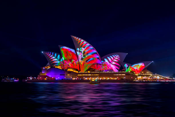 Sydney, Australia - May 25, 2018;  Sydney Opera House illuminated with beautiful vibrant immersive imagery during the annual Vivid Sydney celebrations