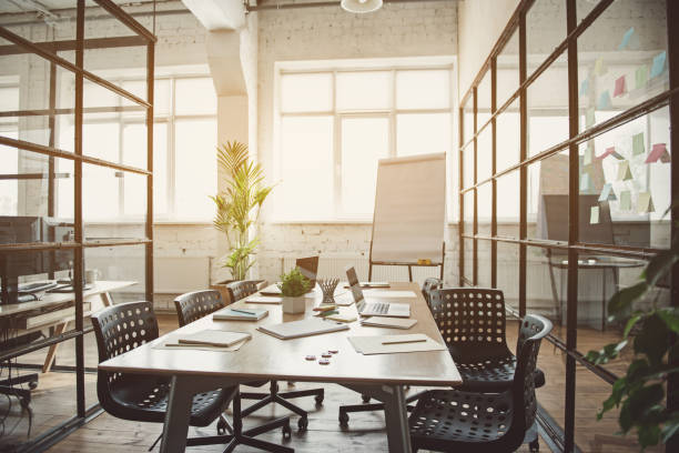 istock Design of office with table and laptops 963433966
