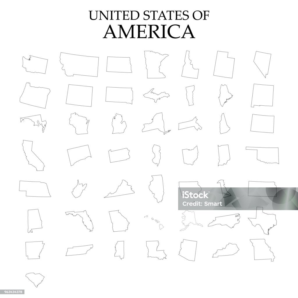 States of America territory on white background. Separate states. Vector illustration Outline stock vector