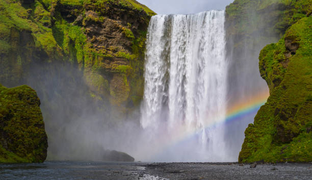 skogafoss island - waterfall iceland landscape stream stock-fotos und bilder