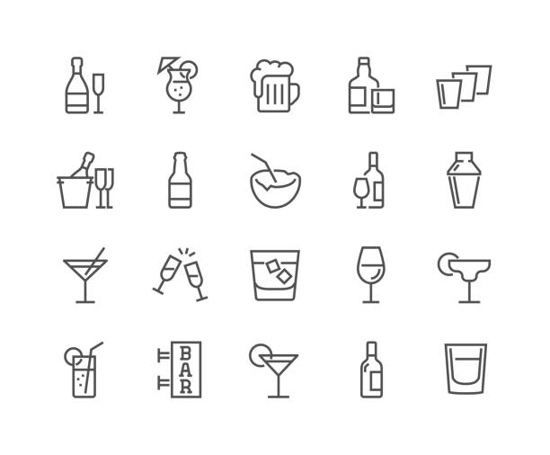 illustrazioni stock, clip art, cartoni animati e icone di tendenza di icone alcoliche di linea - silhouette vodka bottle glass