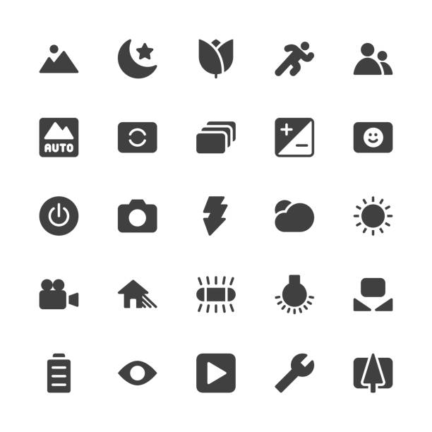 zestaw ikon funkcji kamery 1 - seria szara - flash menu stock illustrations