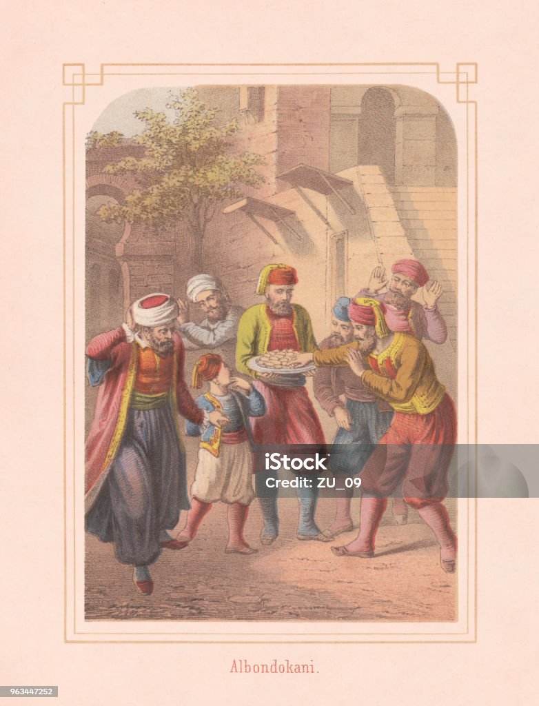 Albondokani - the Bandit, from Arabian Nights, lithograph, published 1867 Albondokani - the Bandit, a fairy tale from One Thousand and One Nights. Lithograph, published in 1867. Illustration stock illustration