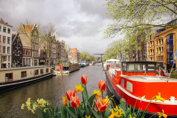 brouwersgracht canal boats in amsterdam, netherlands - keizersgracht imagens e fotografias de stock