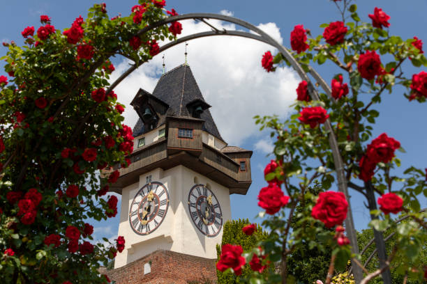 graz, austria - graz austria clock tower styria imagens e fotografias de stock