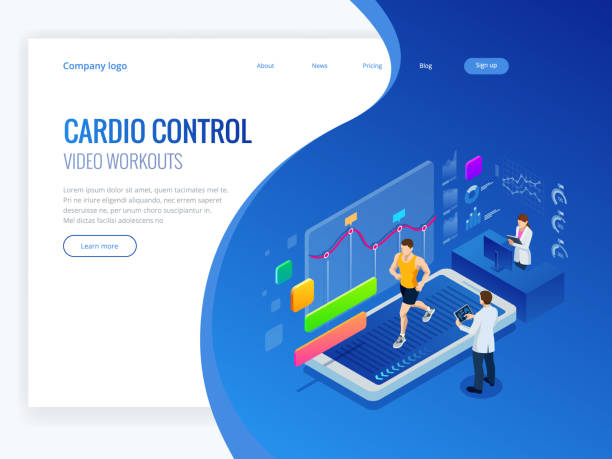 Isometric man running on a smartphone treadmill and exercising fitness app and sports under the supervision of doctors. Cardio control digital mobility exercise athlete. Health and longevity Isometric man running on a smartphone treadmill and exercising fitness app and sports under the supervision of doctors. Cardio control digital mobility exercise athlete. Health and longevity. health and wellness program stock illustrations