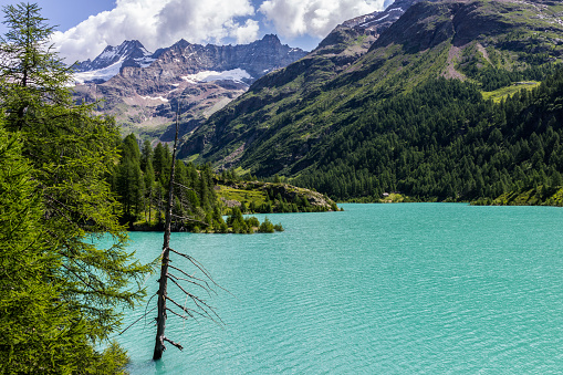 Valpelline, Aosta Valley, Italy. Artificial lake of Place Moulin, with Dent d'Hérens and Grandes Murailles in the background, near the border with Switzerland