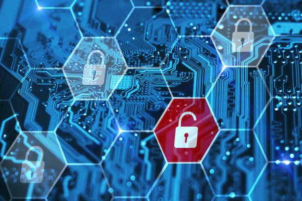 istock Internet piracy and cybersecurity concept. Integrated circuit and virtual digital padlocks. 963458540