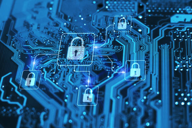 Cyber security and protection of private information and data concept. Locks on blue integrated circuit. Firewall from hacker attack. stock photo