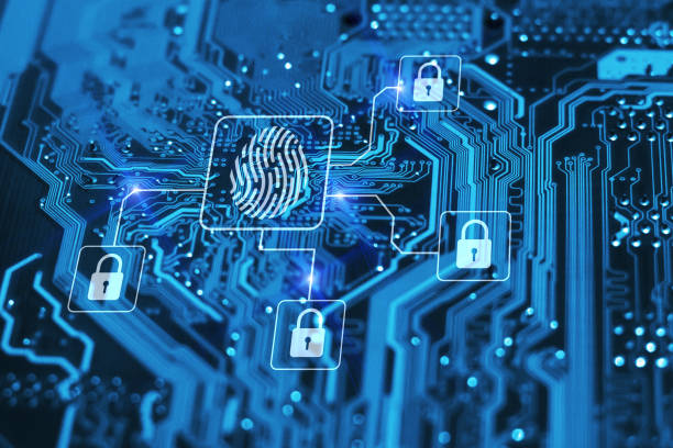 autorizzazione di accesso alle impronte digitali e concetto di sicurezza informatica. circuito integrato blu con serrature sullo sfondo. controllare l'accesso e l'autenticazione online. - threats foto e immagini stock