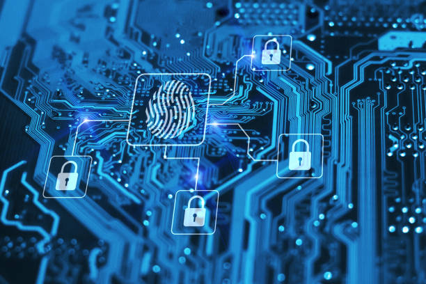 Fingerprint login authorization and cyber security concept. Blue integrated circuit with locks on background. Control access and authentication online. stock photo