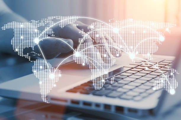 istock e-commerce business and international corporate trading concept. Communication network on world map. Worldwide connections. 963458562