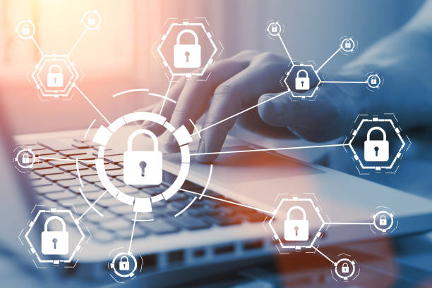 istock Online internet secure payment and network safe communication and banking concept. Person pay in web via computer. Locks and padlocks on diagram. 963458566