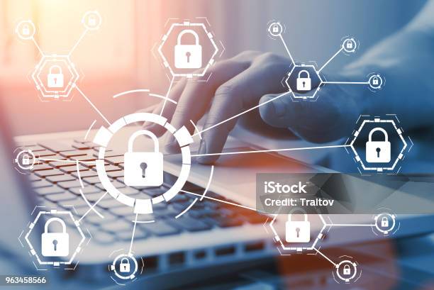 Online Internet Secure Payment And Network Safe Communication And Banking Concept Person Pay In Web Via Computer Locks And Padlocks On Diagram Stock Photo - Download Image Now