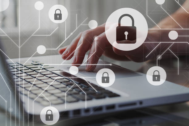 istock Cyber internet security concept. GDPR and cybersecurity. Protection of private personal data. A person using internet on laptop on the background. 963458594