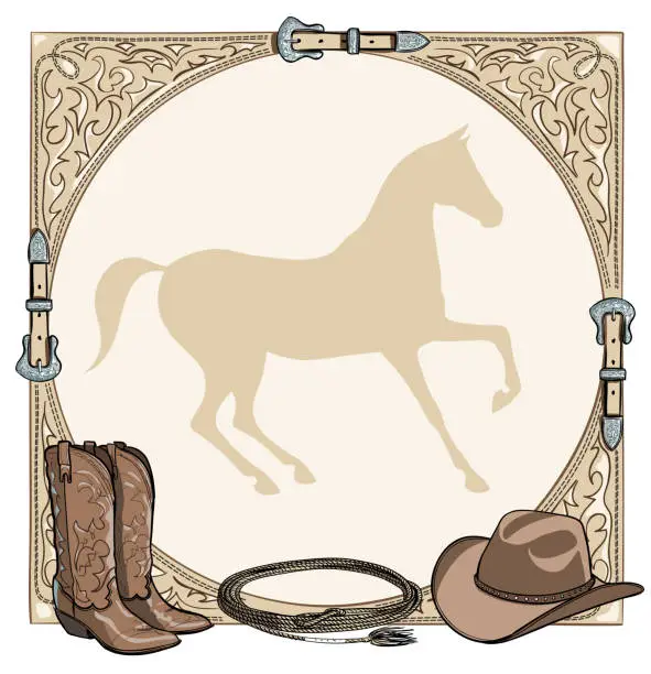 Vector illustration of Cowboy horse equine riding tack tool in the western leather belt frame.