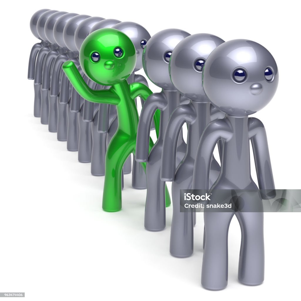 Individuality man character, stand out from the crowd green Individuality man character, stand out from the crowd, men stylized different people, unique green think differ person otherwise, new opportunities concept. Human resources hr icon. 3d illustration Adult Stock Photo