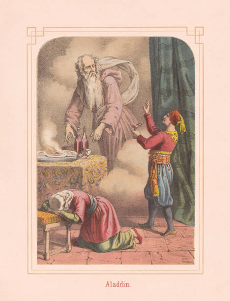 ilustrações de stock, clip art, desenhos animados e ícones de aladdin and the magic lamp, from arabian nights, lithograph, 1867 - arabian nights