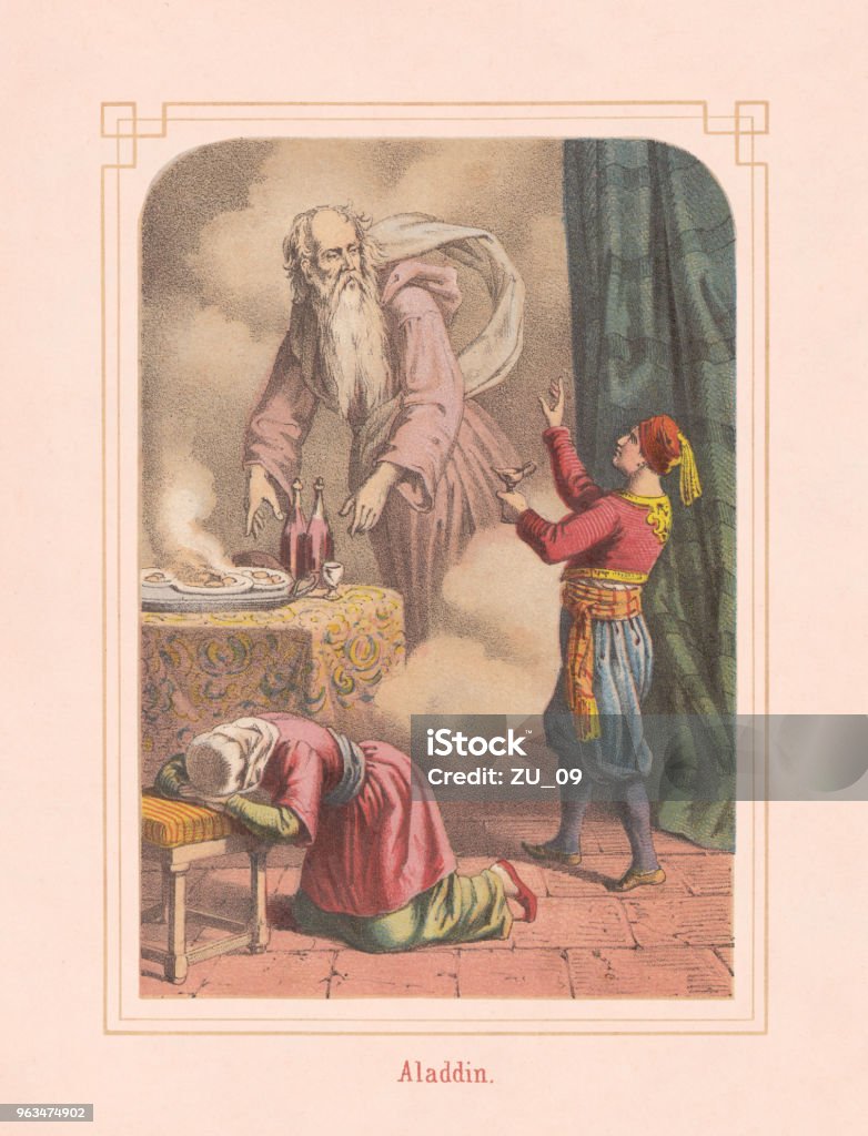 Aladdin and the magic lamp, from Arabian Nights, lithograph, 1867 Aladdin and the magic lamp, a fairy tale from One Thousand and One Nights. Lithograph, published in 1867. One Thousand and One Nights stock illustration