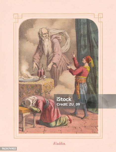 Aladdin And The Magic Lamp From Arabian Nights Lithograph 1867 Stock Illustration - Download Image Now