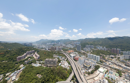 Aerial view over Shatin, Shung Mun River, Tai Wai with fine weather.