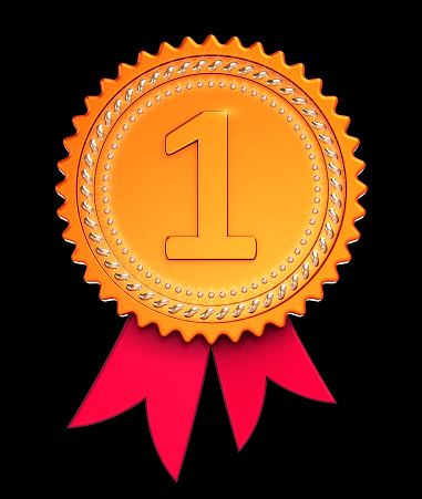 First place 1st, number one 1 award ribbon, medal golden red. Winner reward, champion achievement success icon. 3d illustration, isolated on black background