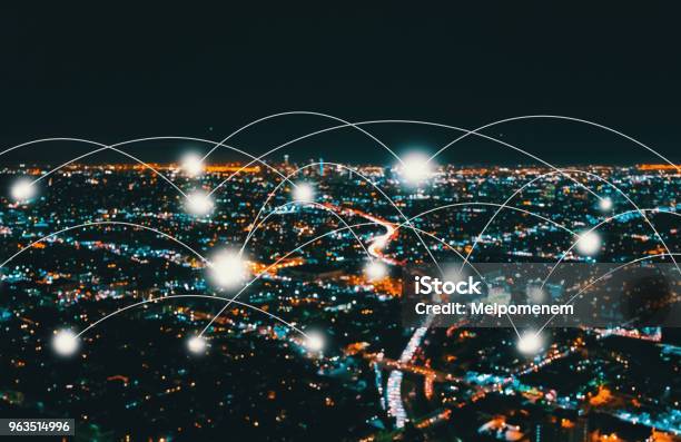 Network And Connection Technology Concept With Downtown Los Ange Stock Photo - Download Image Now