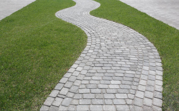 percorso curvo a forma di onda sull'erba nel parco. pavimentato con piastrelle di forme diverse. - sidewalk brick street footpath foto e immagini stock