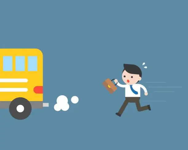 Vector illustration of Businessman running to catch bus, but late, flat design business situation concept