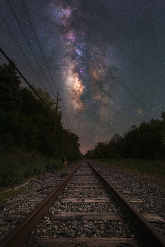 A night image of train tracks heading towards the Milky Way Galaxy in the USA.