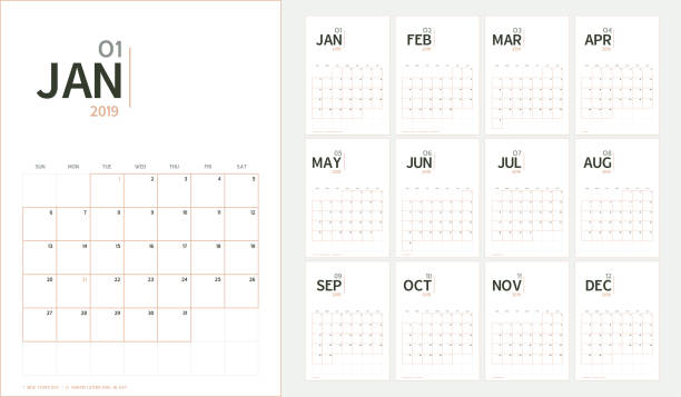 vektor der 2019 neujahr kalender in minimalen einfachen stil und organischen klangfarbe, holiday-event-planer, woche beginnt sonntag, a5 größe. - 2019 stock-grafiken, -clipart, -cartoons und -symbole